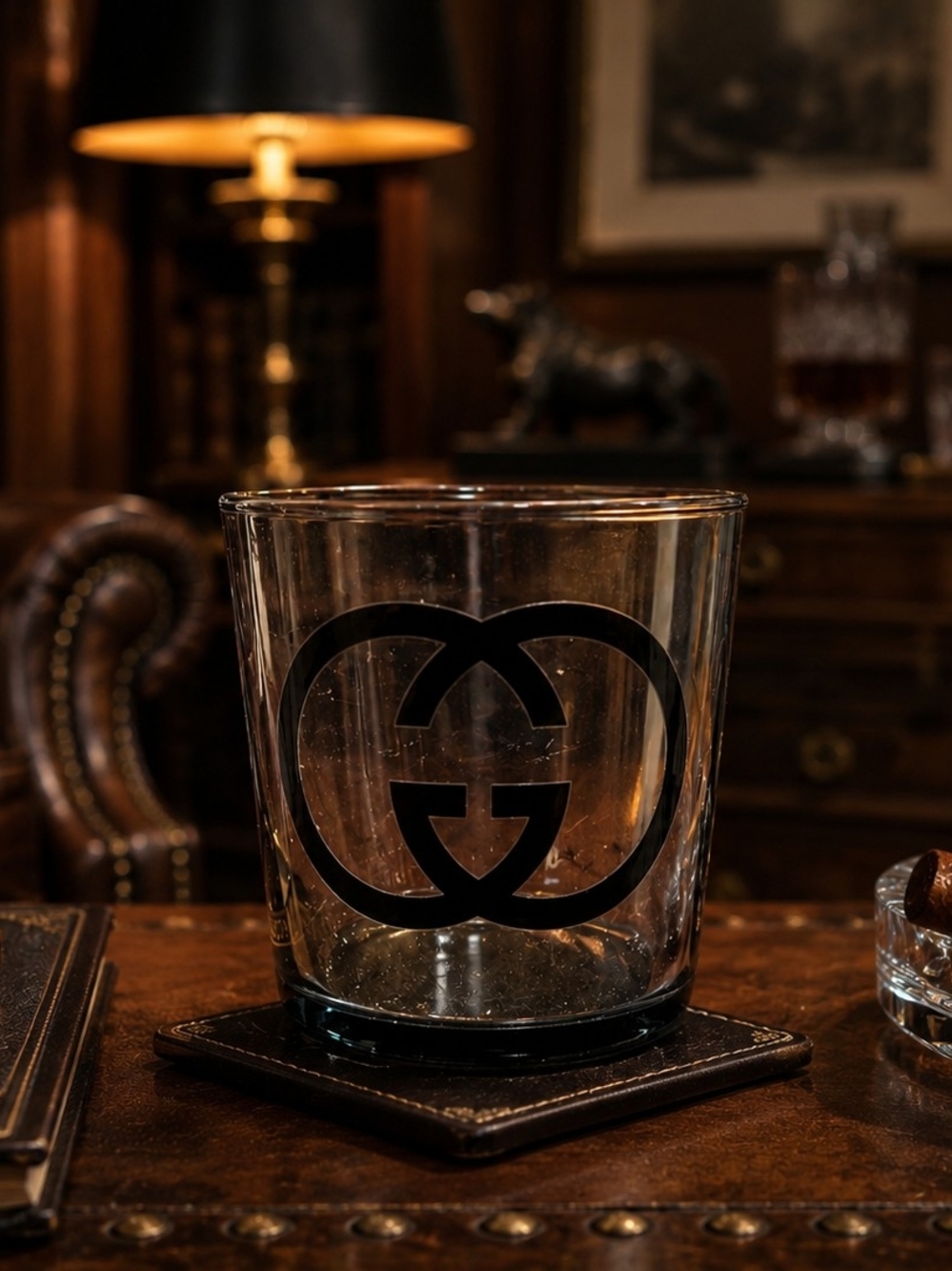 Luxury Gucci GG Monogram 14 oz Smoky Gray Tumbler Glass | Vintage Designer - Picture 2 of 3